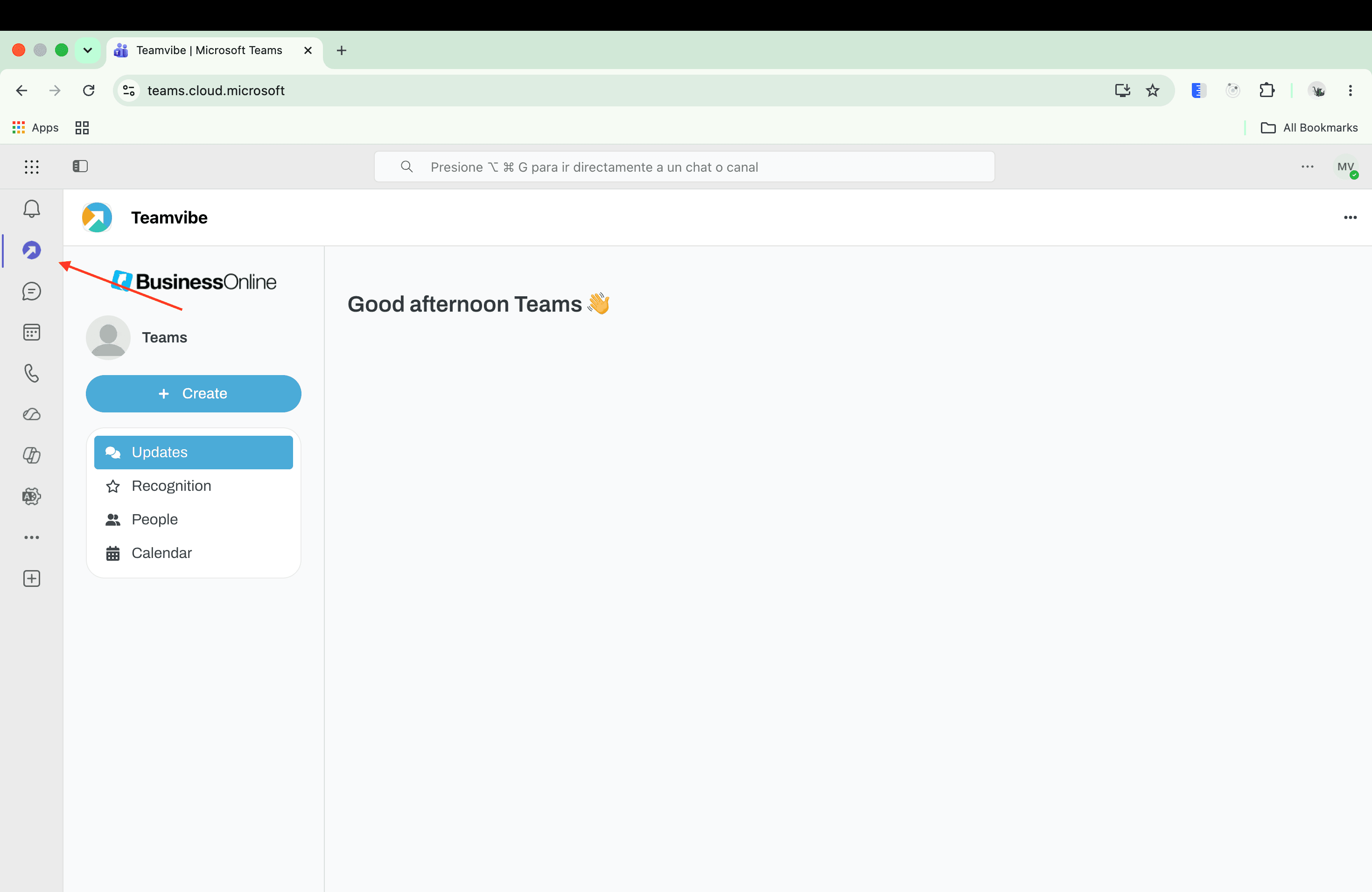 Microsoft Teams with Teamvibe pinned in the left sidebar and the app open