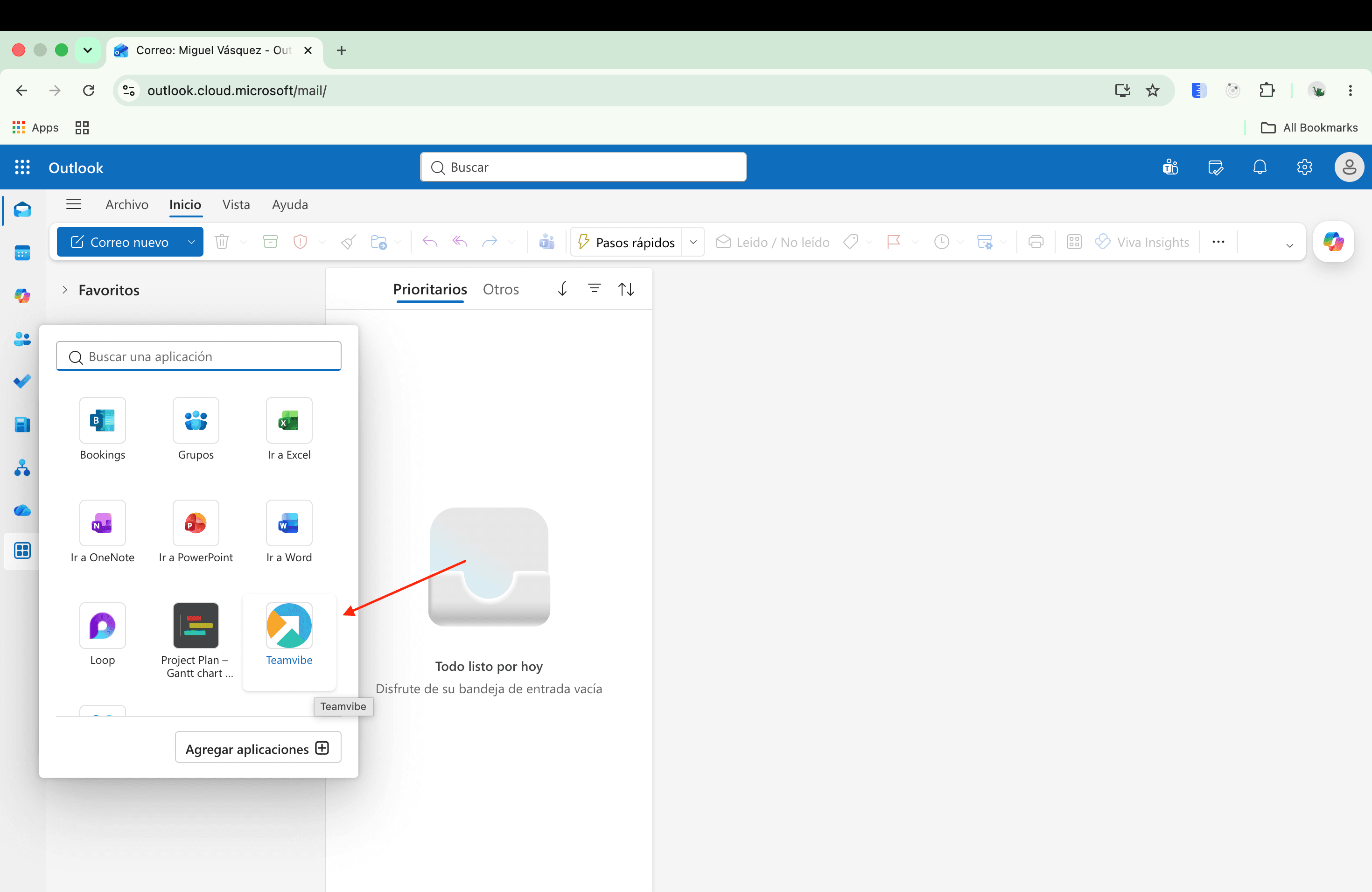 More apps panel in Outlook with Teamvibe listed