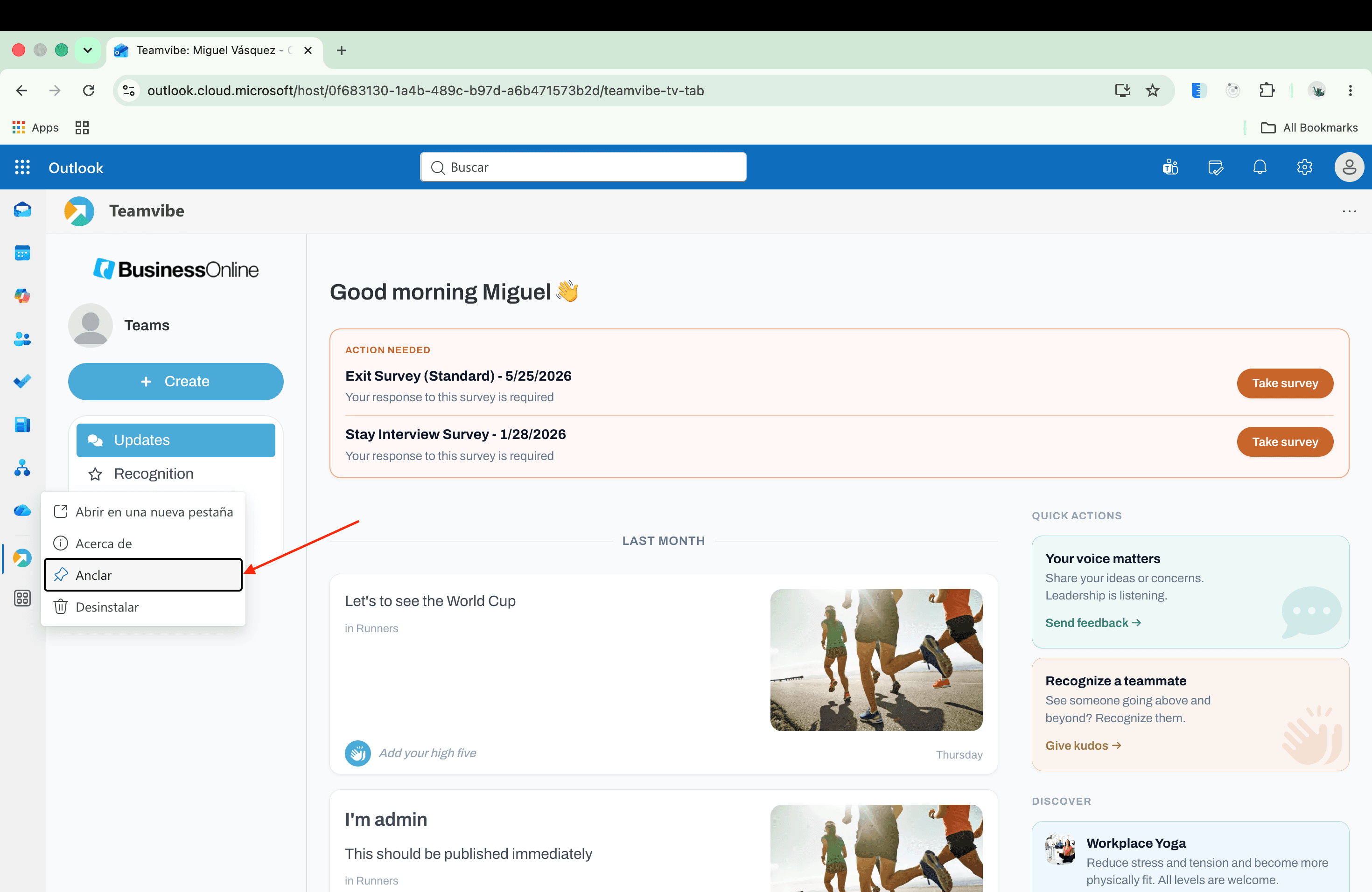 Right-click menu on the Teamvibe icon in the Outlook sidebar with Pin selected