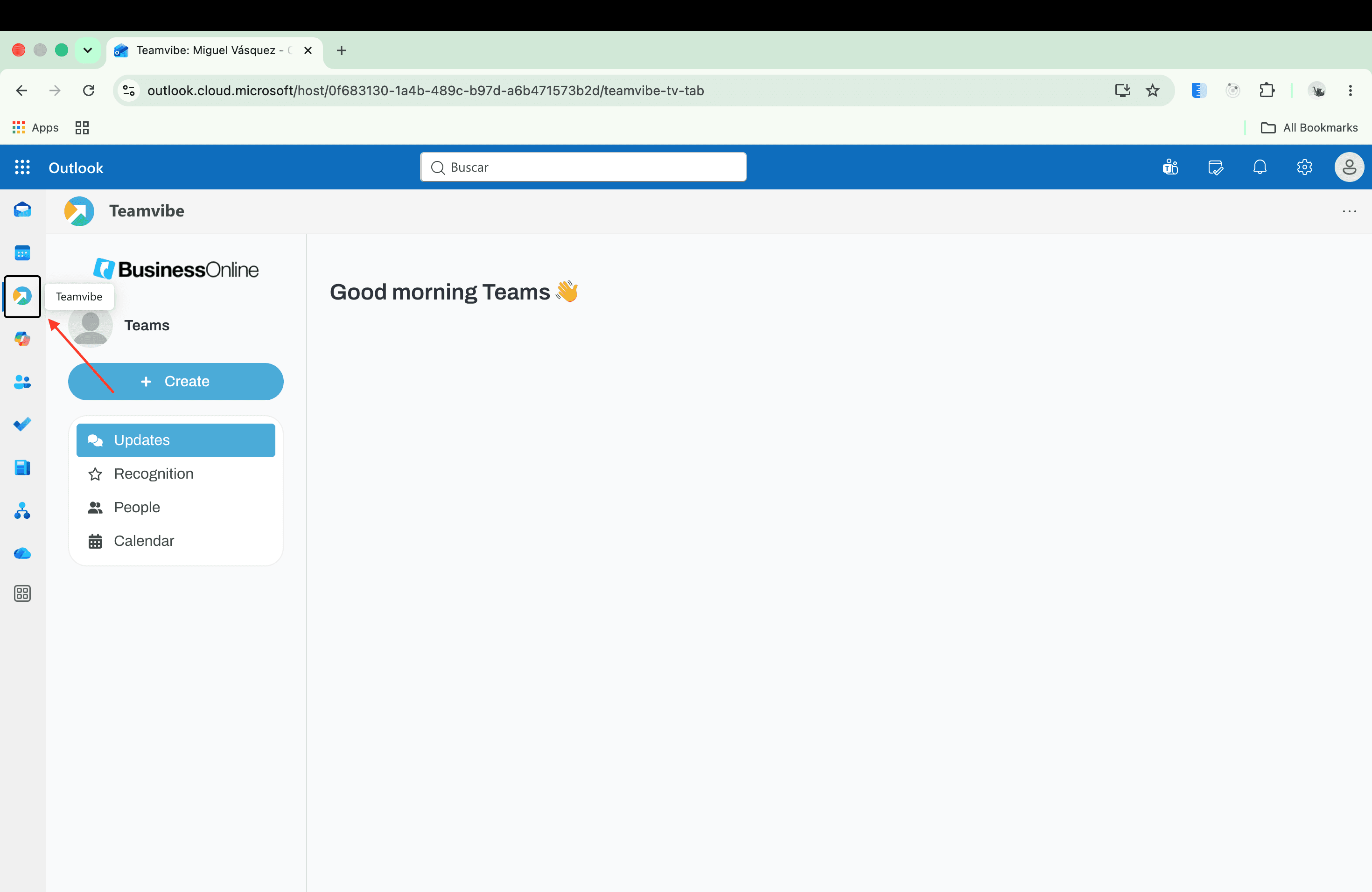 Dragging the Teamvibe icon to a new position in the Outlook navigation bar